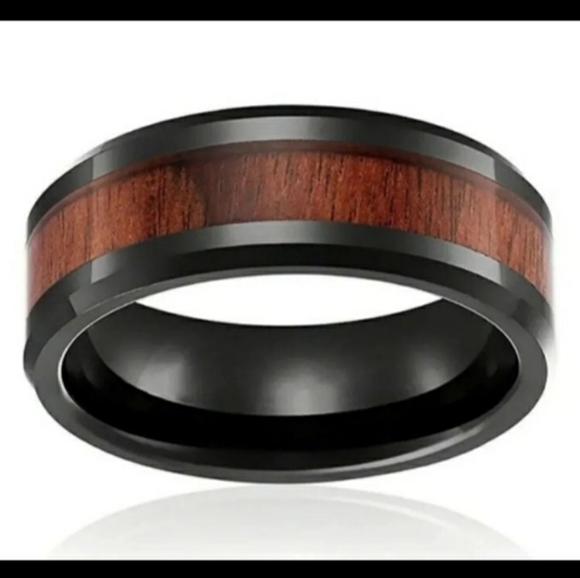 New Mens Black Titanium Black Walnut Wood Inlaid Band Ring. - Picture 1 of 7